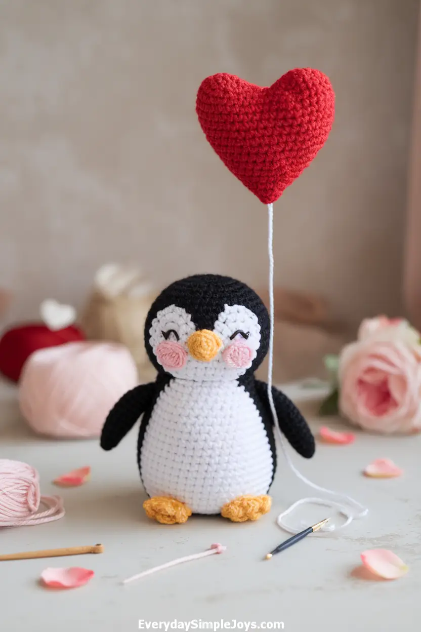 Crochet Penguin with a Red Heart Balloon Pattern