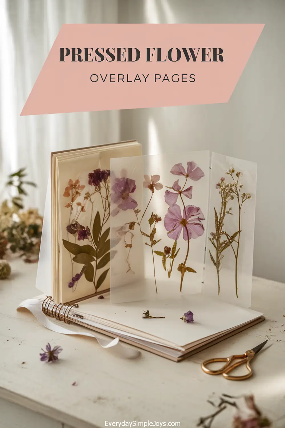 Pressed Flower Overlay Pages in Scrapbook